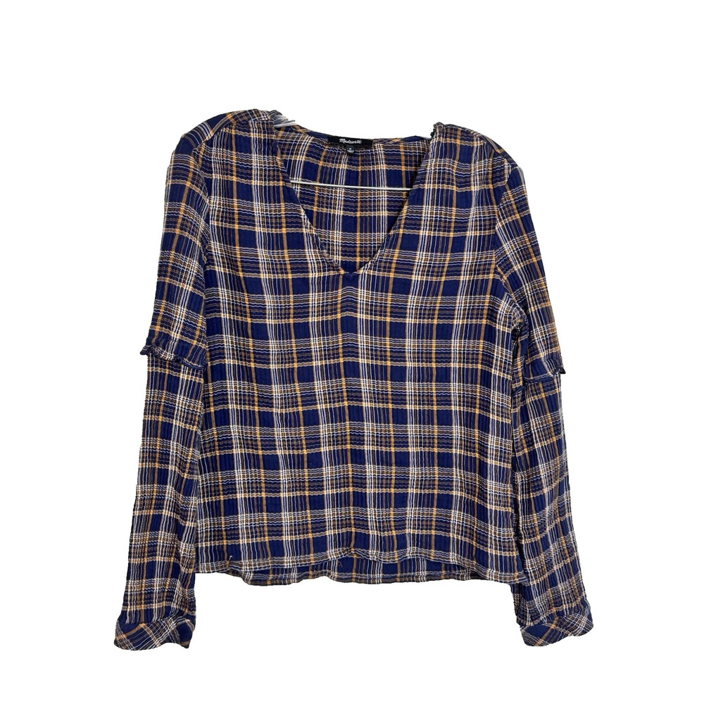 Madewell Womens M Navy Blue Mustard Plaid Ruffle Sleeve V-Neck Blouse Gauze Top